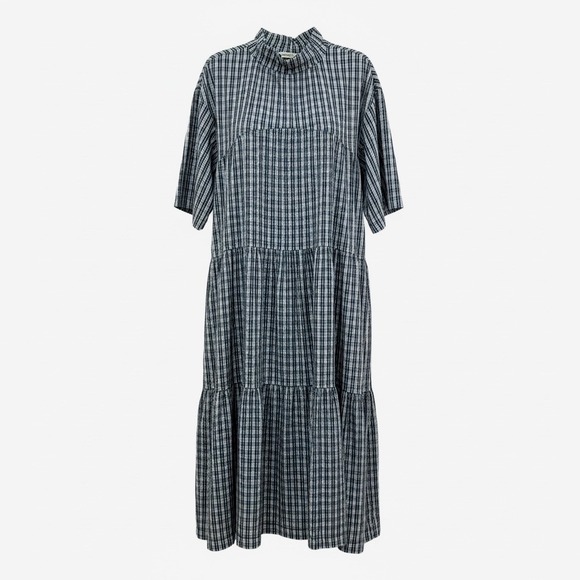 Everlane Dresses & Skirts - Everlane Navy White Plaid Tiered Mock Neck Dress Cotton Pockets Small S